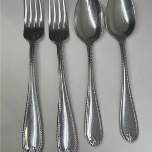 Lenox 18/10 Stainless Flatware 4Pc Set Rope Edge Scroll Handle Forks & Spoons